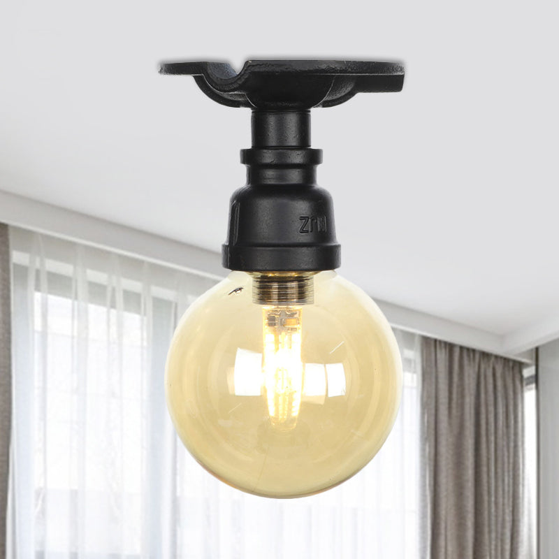Global Amber Glass Semi Flush Light Fixture Industrial 1 Head Foyer Ceiling Mounted Lamp in Black Black B Clearhalo 'Ceiling Lights' 'Close To Ceiling Lights' 'Close to ceiling' 'Glass shade' 'Glass' 'Semi-flushmount' Lighting' 756652