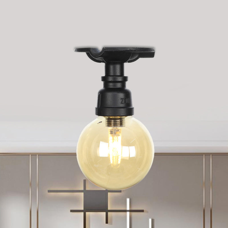 Global Amber Glass Semi Flush Light Fixture Industrial 1 Head Foyer Ceiling Mounted Lamp in Black Clearhalo 'Ceiling Lights' 'Close To Ceiling Lights' 'Close to ceiling' 'Glass shade' 'Glass' 'Semi-flushmount' Lighting' 756653