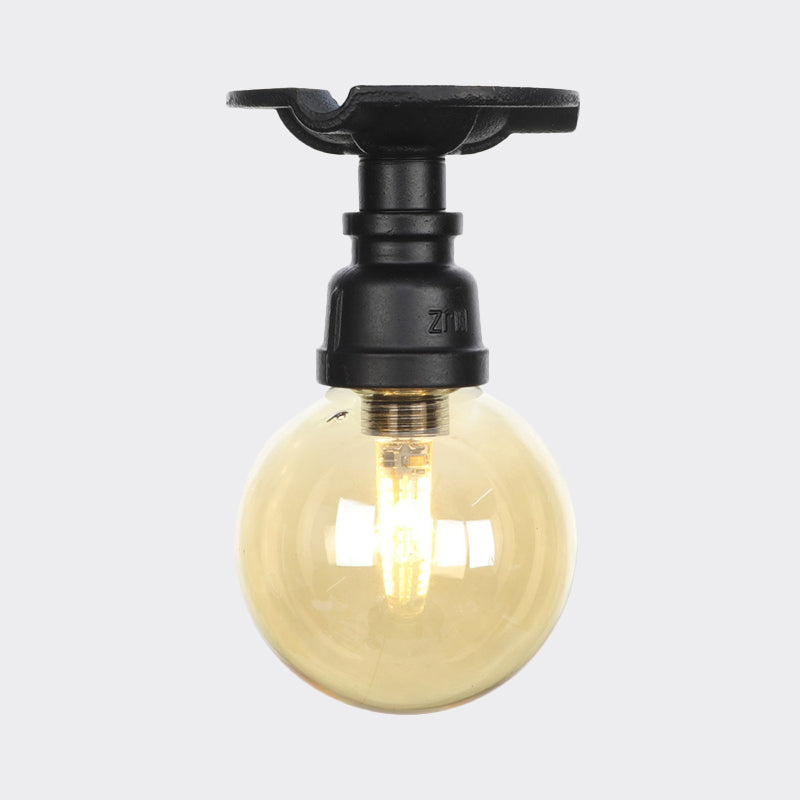 Global Amber Glass Semi Flush Light Fixture Industrial 1 Head Foyer Ceiling Mounted Lamp in Black Clearhalo 'Ceiling Lights' 'Close To Ceiling Lights' 'Close to ceiling' 'Glass shade' 'Glass' 'Semi-flushmount' Lighting' 756655