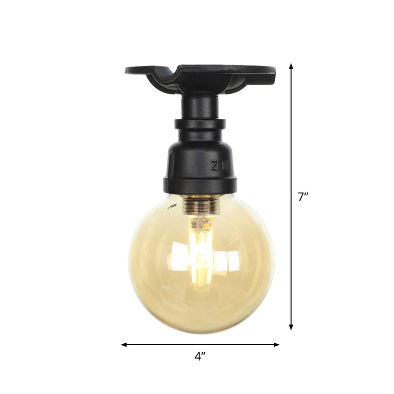 Global Amber Glass Semi Flush Light Fixture Industrial 1 Head Foyer Ceiling Mounted Lamp in Black Clearhalo 'Ceiling Lights' 'Close To Ceiling Lights' 'Close to ceiling' 'Glass shade' 'Glass' 'Semi-flushmount' Lighting' 756656