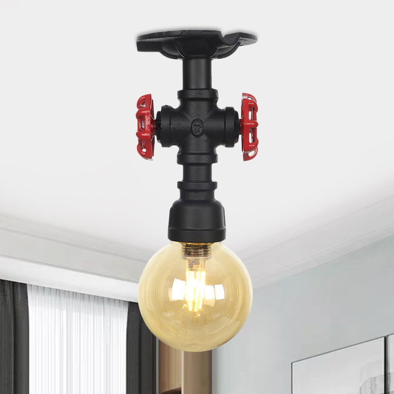 Global Amber Glass Semi Flush Light Fixture Industrial 1 Head Foyer Ceiling Mounted Lamp in Black Black C Clearhalo 'Ceiling Lights' 'Close To Ceiling Lights' 'Close to ceiling' 'Glass shade' 'Glass' 'Semi-flushmount' Lighting' 756657