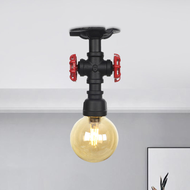 Global Amber Glass Semi Flush Light Fixture Industrial 1 Head Foyer Ceiling Mounted Lamp in Black Clearhalo 'Ceiling Lights' 'Close To Ceiling Lights' 'Close to ceiling' 'Glass shade' 'Glass' 'Semi-flushmount' Lighting' 756658