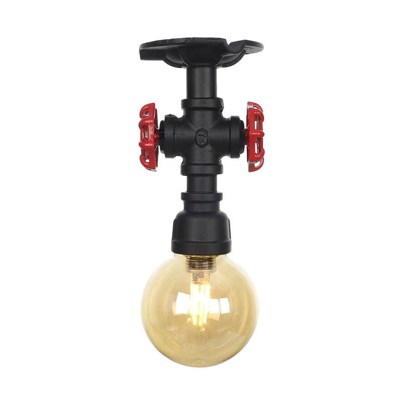 Global Amber Glass Semi Flush Light Fixture Industrial 1 Head Foyer Ceiling Mounted Lamp in Black Clearhalo 'Ceiling Lights' 'Close To Ceiling Lights' 'Close to ceiling' 'Glass shade' 'Glass' 'Semi-flushmount' Lighting' 756659