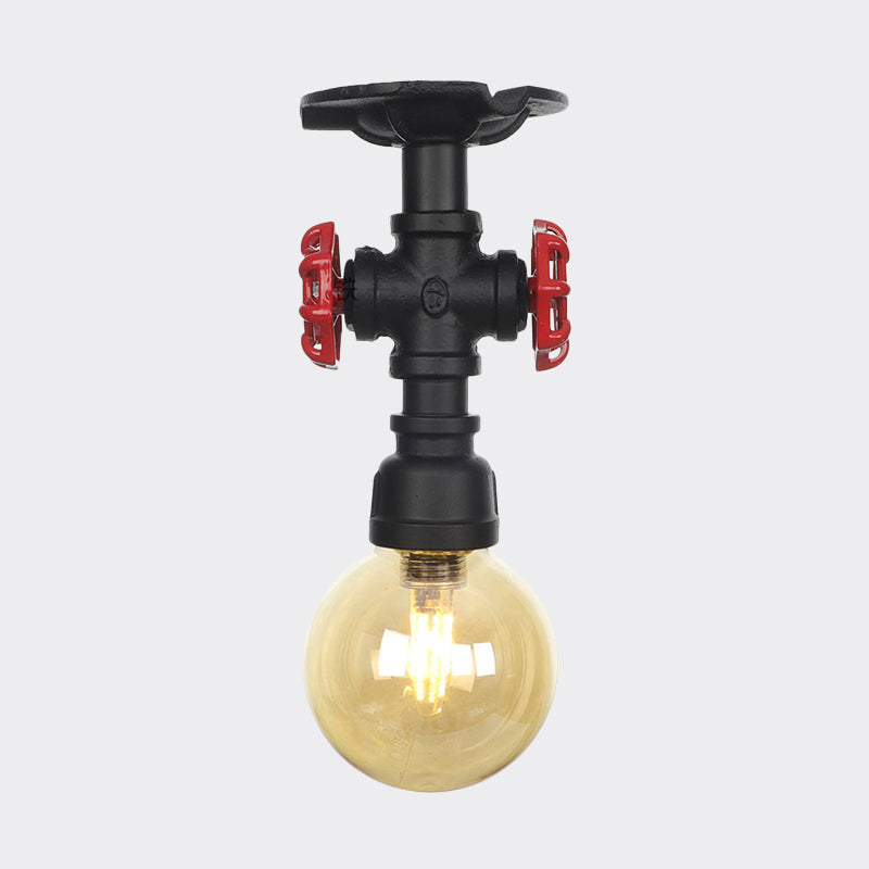 Global Amber Glass Semi Flush Light Fixture Industrial 1 Head Foyer Ceiling Mounted Lamp in Black Clearhalo 'Ceiling Lights' 'Close To Ceiling Lights' 'Close to ceiling' 'Glass shade' 'Glass' 'Semi-flushmount' Lighting' 756660