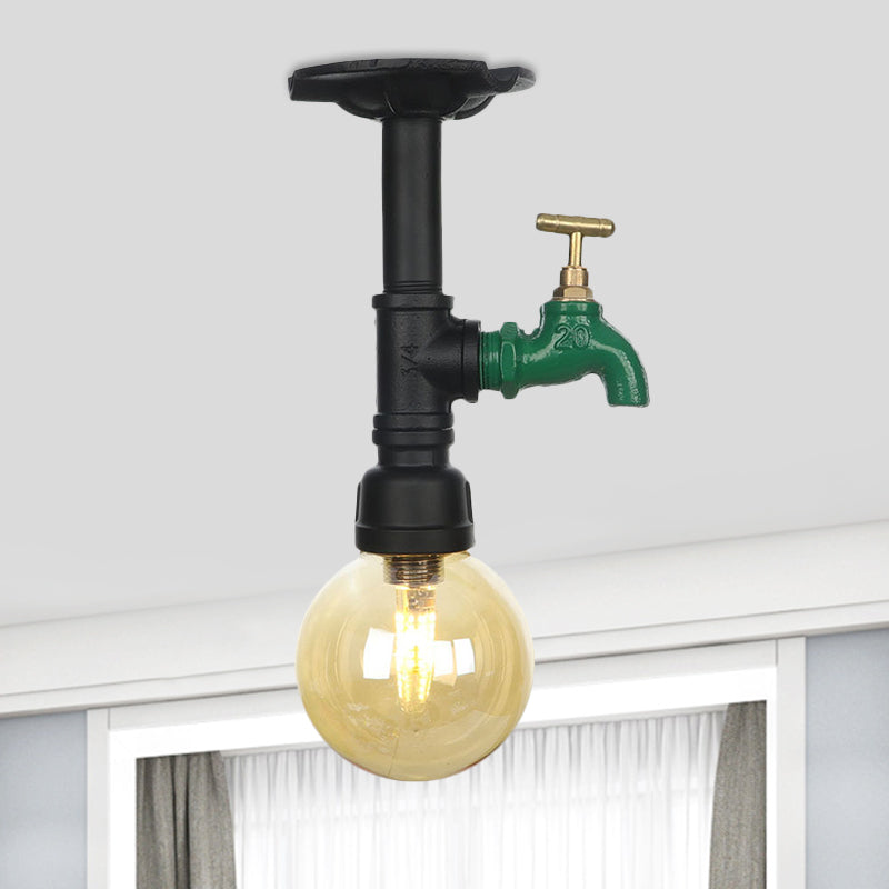 Global Amber Glass Semi Flush Light Fixture Industrial 1 Head Foyer Ceiling Mounted Lamp in Black Black D Clearhalo 'Ceiling Lights' 'Close To Ceiling Lights' 'Close to ceiling' 'Glass shade' 'Glass' 'Semi-flushmount' Lighting' 756662