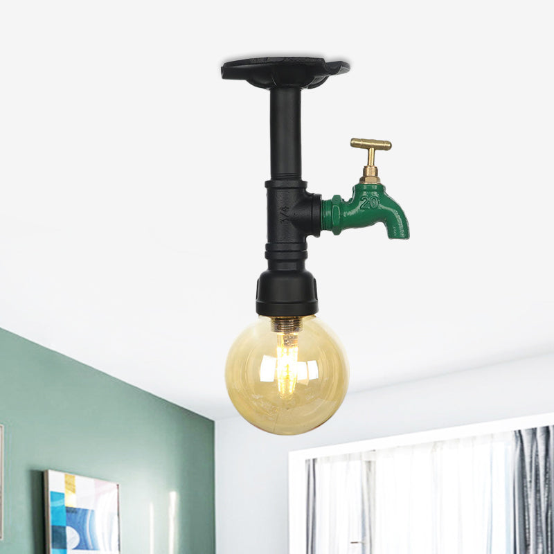 Global Amber Glass Semi Flush Light Fixture Industrial 1 Head Foyer Ceiling Mounted Lamp in Black Clearhalo 'Ceiling Lights' 'Close To Ceiling Lights' 'Close to ceiling' 'Glass shade' 'Glass' 'Semi-flushmount' Lighting' 756663