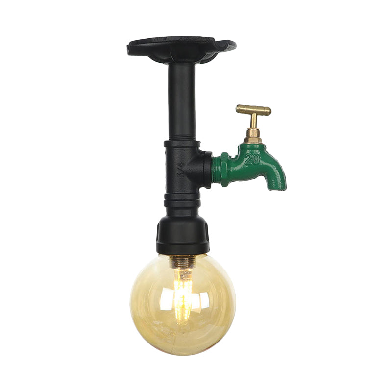 Global Amber Glass Semi Flush Light Fixture Industrial 1 Head Foyer Ceiling Mounted Lamp in Black Clearhalo 'Ceiling Lights' 'Close To Ceiling Lights' 'Close to ceiling' 'Glass shade' 'Glass' 'Semi-flushmount' Lighting' 756664