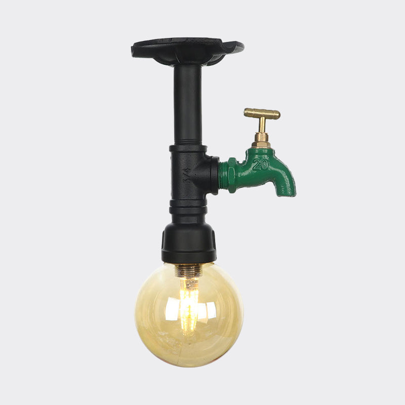 Global Amber Glass Semi Flush Light Fixture Industrial 1 Head Foyer Ceiling Mounted Lamp in Black Clearhalo 'Ceiling Lights' 'Close To Ceiling Lights' 'Close to ceiling' 'Glass shade' 'Glass' 'Semi-flushmount' Lighting' 756665