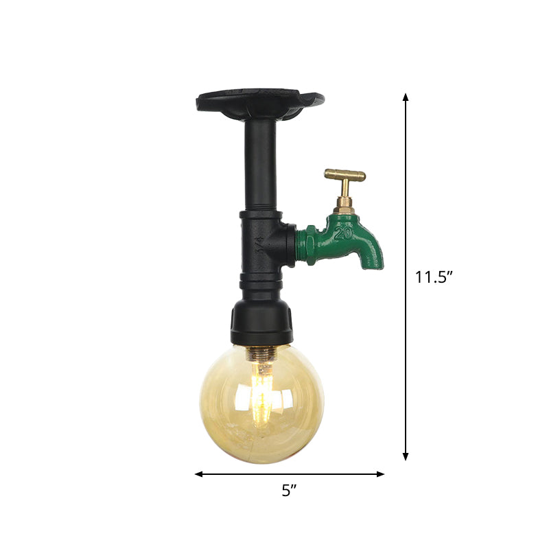 Global Amber Glass Semi Flush Light Fixture Industrial 1 Head Foyer Ceiling Mounted Lamp in Black Clearhalo 'Ceiling Lights' 'Close To Ceiling Lights' 'Close to ceiling' 'Glass shade' 'Glass' 'Semi-flushmount' Lighting' 756666