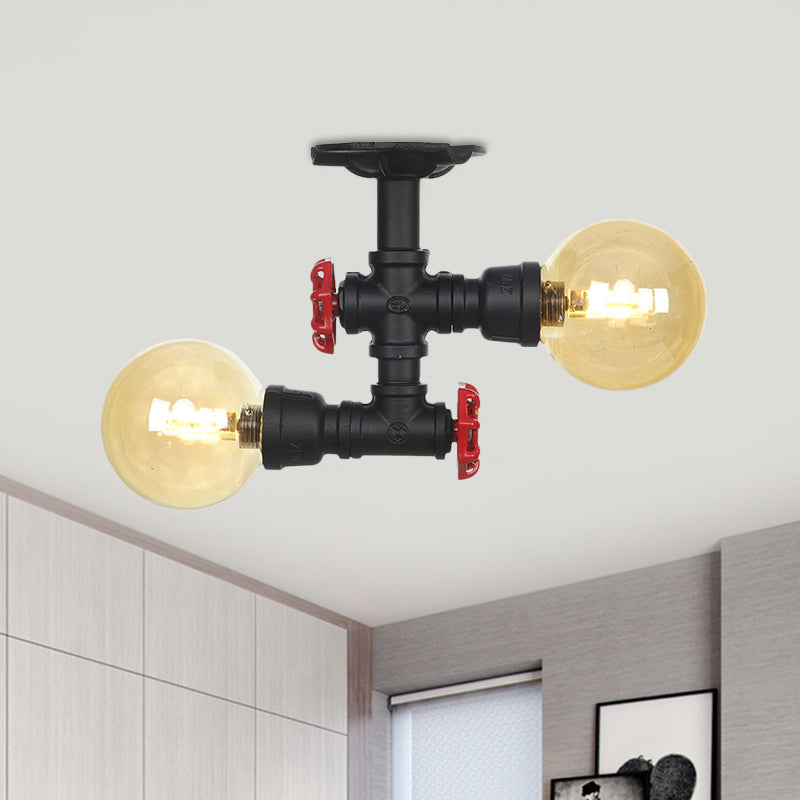 2-Light Amber Glass Semi Flush Antiqued Black Sphere Hallway Flush Mount Ceiling Lamp Fixture Clearhalo 'Ceiling Lights' 'Close To Ceiling Lights' 'Close to ceiling' 'Glass shade' 'Glass' 'Semi-flushmount' Lighting' 756672