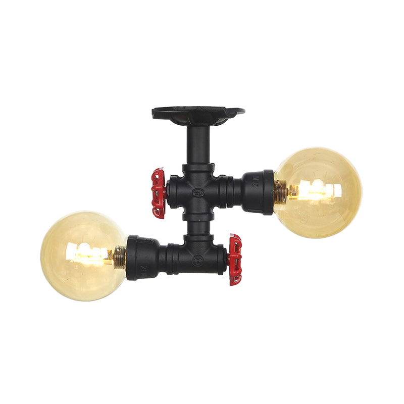 2-Light Amber Glass Semi Flush Antiqued Black Sphere Hallway Flush Mount Ceiling Lamp Fixture Clearhalo 'Ceiling Lights' 'Close To Ceiling Lights' 'Close to ceiling' 'Glass shade' 'Glass' 'Semi-flushmount' Lighting' 756673