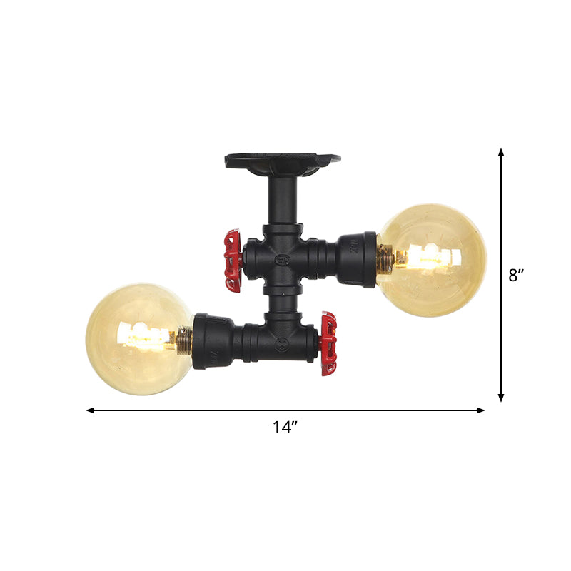 2-Light Amber Glass Semi Flush Antiqued Black Sphere Hallway Flush Mount Ceiling Lamp Fixture Clearhalo 'Ceiling Lights' 'Close To Ceiling Lights' 'Close to ceiling' 'Glass shade' 'Glass' 'Semi-flushmount' Lighting' 756675