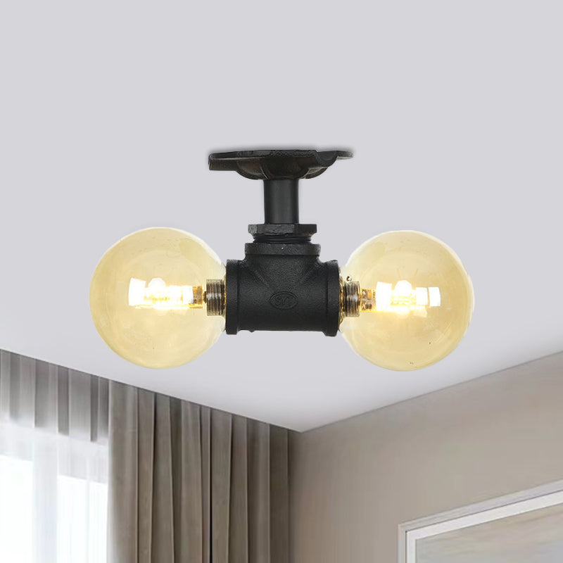 2-Light Amber Glass Semi Flush Antiqued Black Sphere Hallway Flush Mount Ceiling Lamp Fixture Clearhalo 'Ceiling Lights' 'Close To Ceiling Lights' 'Close to ceiling' 'Glass shade' 'Glass' 'Semi-flushmount' Lighting' 756677