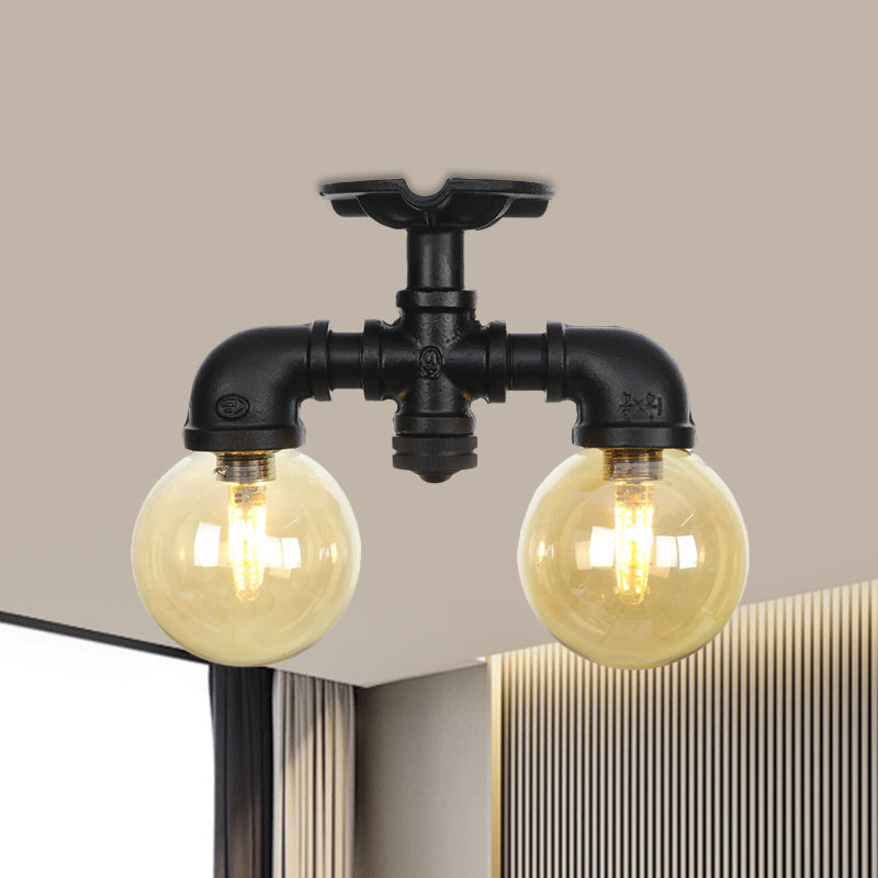 2-Light Amber Glass Semi Flush Antiqued Black Sphere Hallway Flush Mount Ceiling Lamp Fixture Clearhalo 'Ceiling Lights' 'Close To Ceiling Lights' 'Close to ceiling' 'Glass shade' 'Glass' 'Semi-flushmount' Lighting' 756682