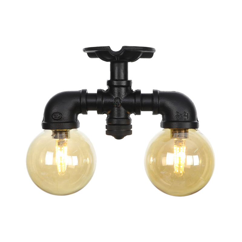 2-Light Amber Glass Semi Flush Antiqued Black Sphere Hallway Flush Mount Ceiling Lamp Fixture Clearhalo 'Ceiling Lights' 'Close To Ceiling Lights' 'Close to ceiling' 'Glass shade' 'Glass' 'Semi-flushmount' Lighting' 756683