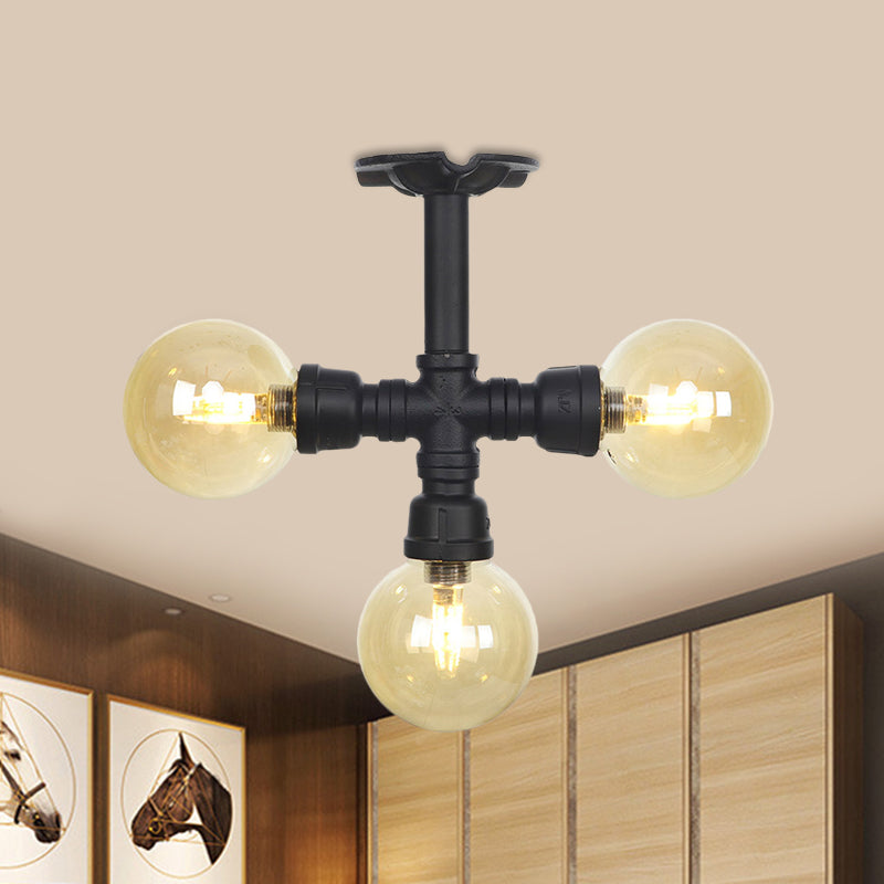 3/4 Bulbs Semi Mount Lighting Vintage Corridor Flush Lamp with Globe Amber Glass Shade in Black Black A Clearhalo 'Ceiling Lights' 'Close To Ceiling Lights' 'Close to ceiling' 'Glass shade' 'Glass' 'Pendant Lights' 'Semi-flushmount' Lighting' 756705