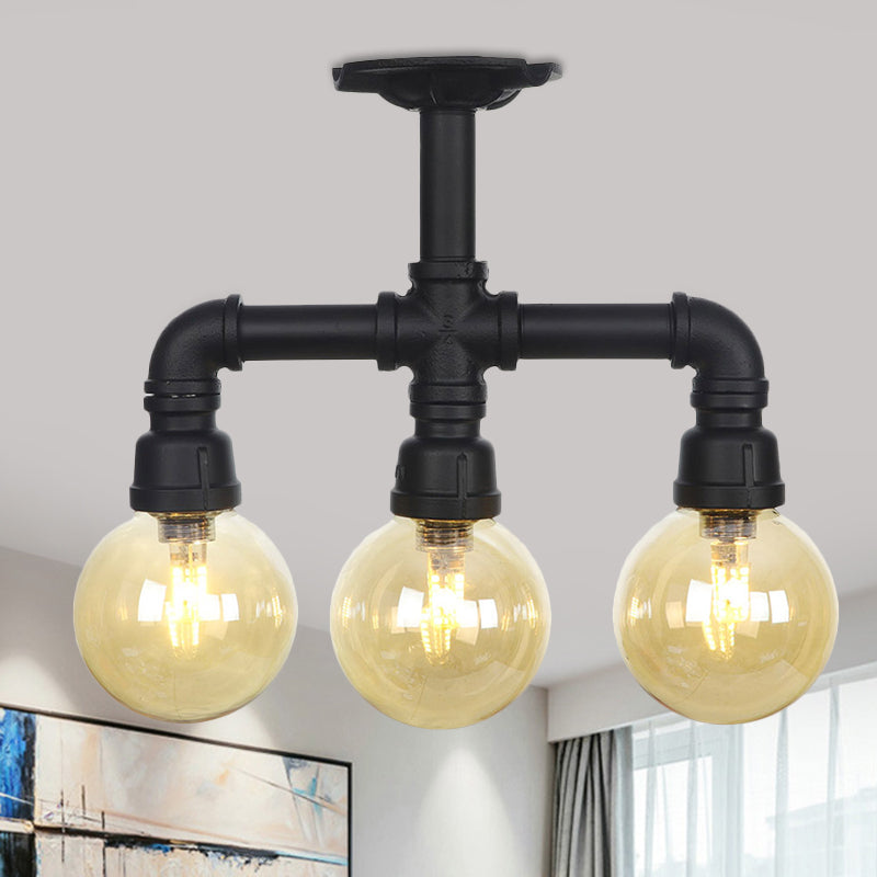 3/4 Bulbs Semi Mount Lighting Vintage Corridor Flush Lamp with Globe Amber Glass Shade in Black Black B Clearhalo 'Ceiling Lights' 'Close To Ceiling Lights' 'Close to ceiling' 'Glass shade' 'Glass' 'Pendant Lights' 'Semi-flushmount' Lighting' 756709