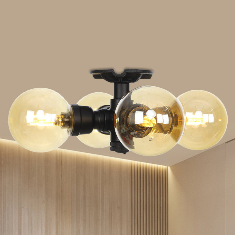 3/4 Bulbs Semi Mount Lighting Vintage Corridor Flush Lamp with Globe Amber Glass Shade in Black Black C Clearhalo 'Ceiling Lights' 'Close To Ceiling Lights' 'Close to ceiling' 'Glass shade' 'Glass' 'Pendant Lights' 'Semi-flushmount' Lighting' 756714