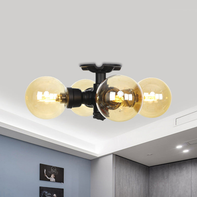 3/4 Bulbs Semi Mount Lighting Vintage Corridor Flush Lamp with Globe Amber Glass Shade in Black Clearhalo 'Ceiling Lights' 'Close To Ceiling Lights' 'Close to ceiling' 'Glass shade' 'Glass' 'Pendant Lights' 'Semi-flushmount' Lighting' 756715