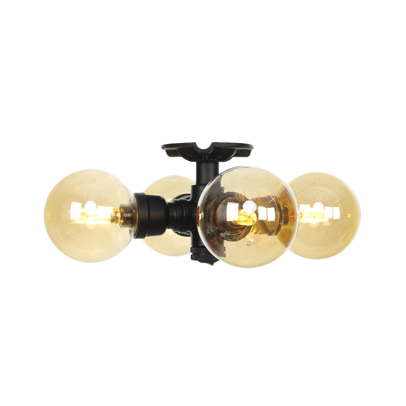 3/4 Bulbs Semi Mount Lighting Vintage Corridor Flush Lamp with Globe Amber Glass Shade in Black Clearhalo 'Ceiling Lights' 'Close To Ceiling Lights' 'Close to ceiling' 'Glass shade' 'Glass' 'Pendant Lights' 'Semi-flushmount' Lighting' 756716