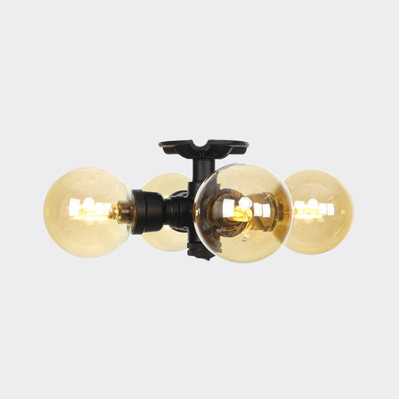 3/4 Bulbs Semi Mount Lighting Vintage Corridor Flush Lamp with Globe Amber Glass Shade in Black Clearhalo 'Ceiling Lights' 'Close To Ceiling Lights' 'Close to ceiling' 'Glass shade' 'Glass' 'Pendant Lights' 'Semi-flushmount' Lighting' 756717