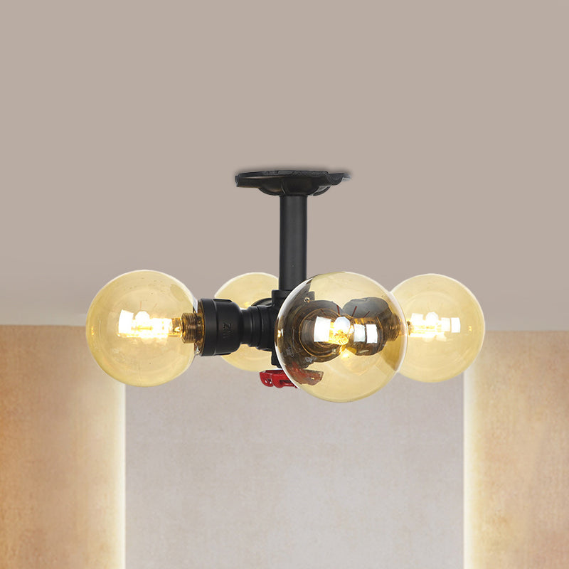 3/4 Bulbs Semi Mount Lighting Vintage Corridor Flush Lamp with Globe Amber Glass Shade in Black Clearhalo 'Ceiling Lights' 'Close To Ceiling Lights' 'Close to ceiling' 'Glass shade' 'Glass' 'Pendant Lights' 'Semi-flushmount' Lighting' 756720