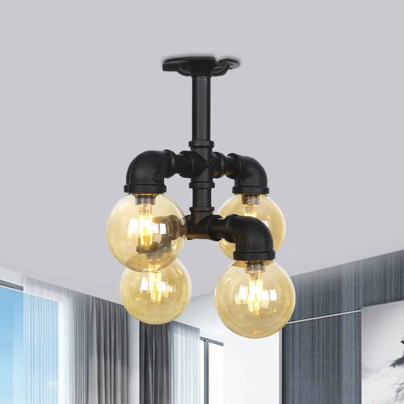 Black Ball Semi-Flush Ceiling Light Industrial Amber Glass 4/5/6-Light Foyer LED Flushmount Black A Clearhalo 'Ceiling Lights' 'Close To Ceiling Lights' 'Close to ceiling' 'Glass shade' 'Glass' 'Semi-flushmount' Lighting' 756724