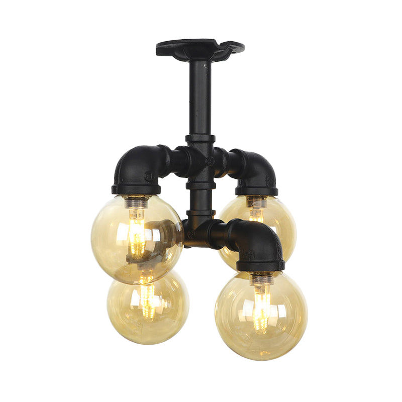 Black Ball Semi-Flush Ceiling Light Industrial Amber Glass 4/5/6-Light Foyer LED Flushmount Clearhalo 'Ceiling Lights' 'Close To Ceiling Lights' 'Close to ceiling' 'Glass shade' 'Glass' 'Semi-flushmount' Lighting' 756725