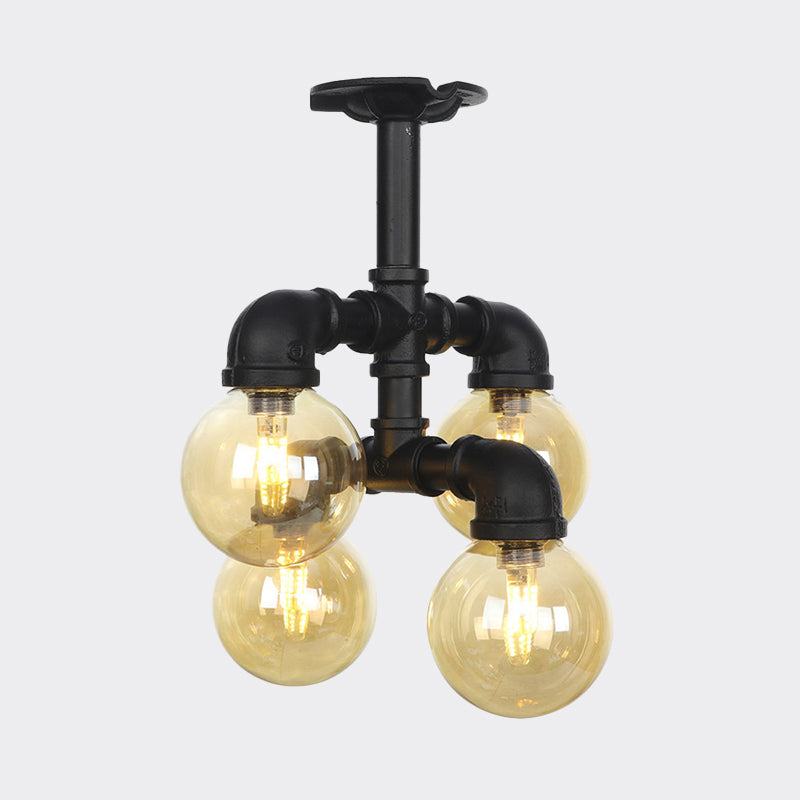 Black Ball Semi-Flush Ceiling Light Industrial Amber Glass 4/5/6-Light Foyer LED Flushmount Clearhalo 'Ceiling Lights' 'Close To Ceiling Lights' 'Close to ceiling' 'Glass shade' 'Glass' 'Semi-flushmount' Lighting' 756726