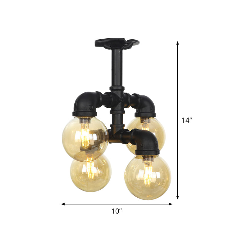 Black Ball Semi-Flush Ceiling Light Industrial Amber Glass 4/5/6-Light Foyer LED Flushmount Clearhalo 'Ceiling Lights' 'Close To Ceiling Lights' 'Close to ceiling' 'Glass shade' 'Glass' 'Semi-flushmount' Lighting' 756727