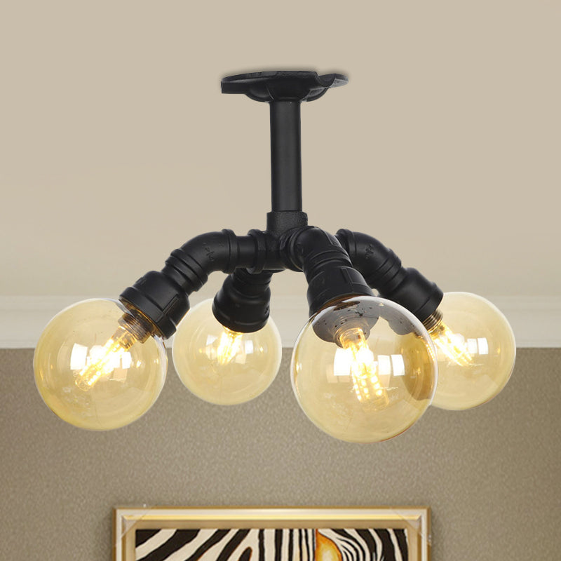 Black Ball Semi-Flush Ceiling Light Industrial Amber Glass 4/5/6-Light Foyer LED Flushmount Black B Clearhalo 'Ceiling Lights' 'Close To Ceiling Lights' 'Close to ceiling' 'Glass shade' 'Glass' 'Semi-flushmount' Lighting' 756728