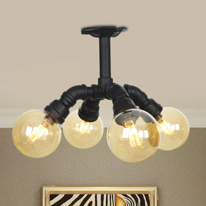 Black Ball Semi-Flush Ceiling Light Industrial Amber Glass 4/5/6-Light Foyer LED Flushmount Black B Clearhalo 'Ceiling Lights' 'Close To Ceiling Lights' 'Close to ceiling' 'Glass shade' 'Glass' 'Semi-flushmount' Lighting' 756728