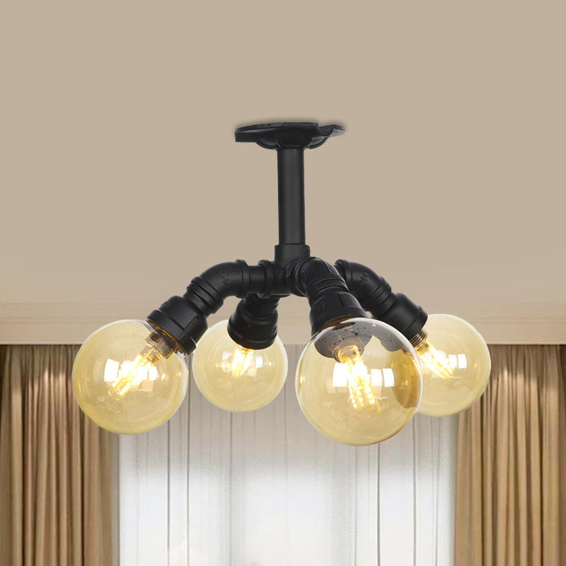 Black Ball Semi-Flush Ceiling Light Industrial Amber Glass 4/5/6-Light Foyer LED Flushmount Clearhalo 'Ceiling Lights' 'Close To Ceiling Lights' 'Close to ceiling' 'Glass shade' 'Glass' 'Semi-flushmount' Lighting' 756729
