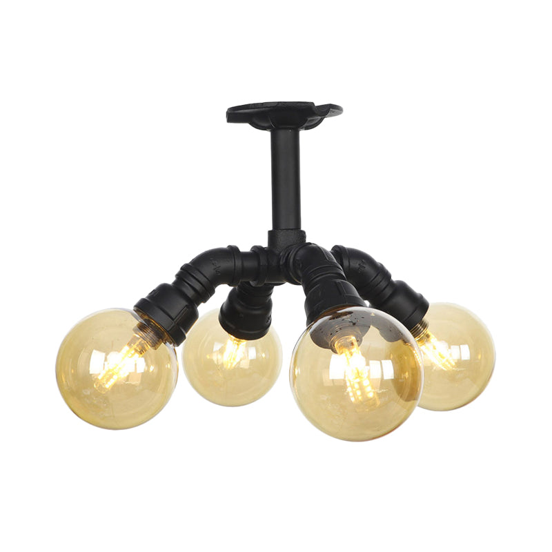 Black Ball Semi-Flush Ceiling Light Industrial Amber Glass 4/5/6-Light Foyer LED Flushmount Clearhalo 'Ceiling Lights' 'Close To Ceiling Lights' 'Close to ceiling' 'Glass shade' 'Glass' 'Semi-flushmount' Lighting' 756730
