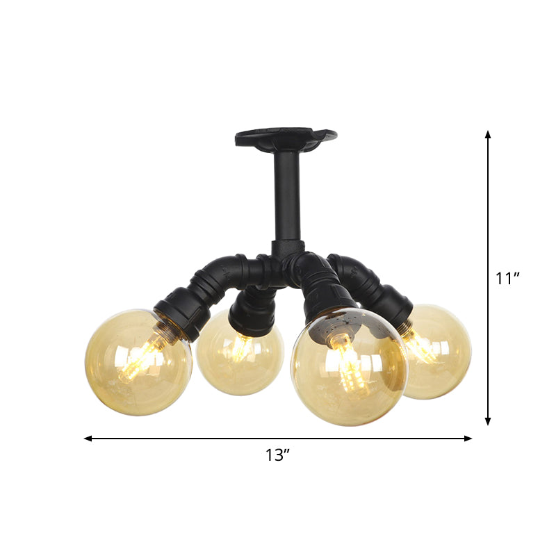 Black Ball Semi-Flush Ceiling Light Industrial Amber Glass 4/5/6-Light Foyer LED Flushmount Clearhalo 'Ceiling Lights' 'Close To Ceiling Lights' 'Close to ceiling' 'Glass shade' 'Glass' 'Semi-flushmount' Lighting' 756732
