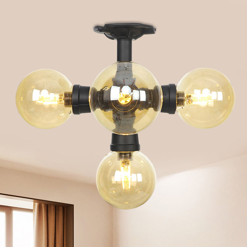 Black Ball Semi-Flush Ceiling Light Industrial Amber Glass 4/5/6-Light Foyer LED Flushmount Black C Clearhalo 'Ceiling Lights' 'Close To Ceiling Lights' 'Close to ceiling' 'Glass shade' 'Glass' 'Semi-flushmount' Lighting' 756733