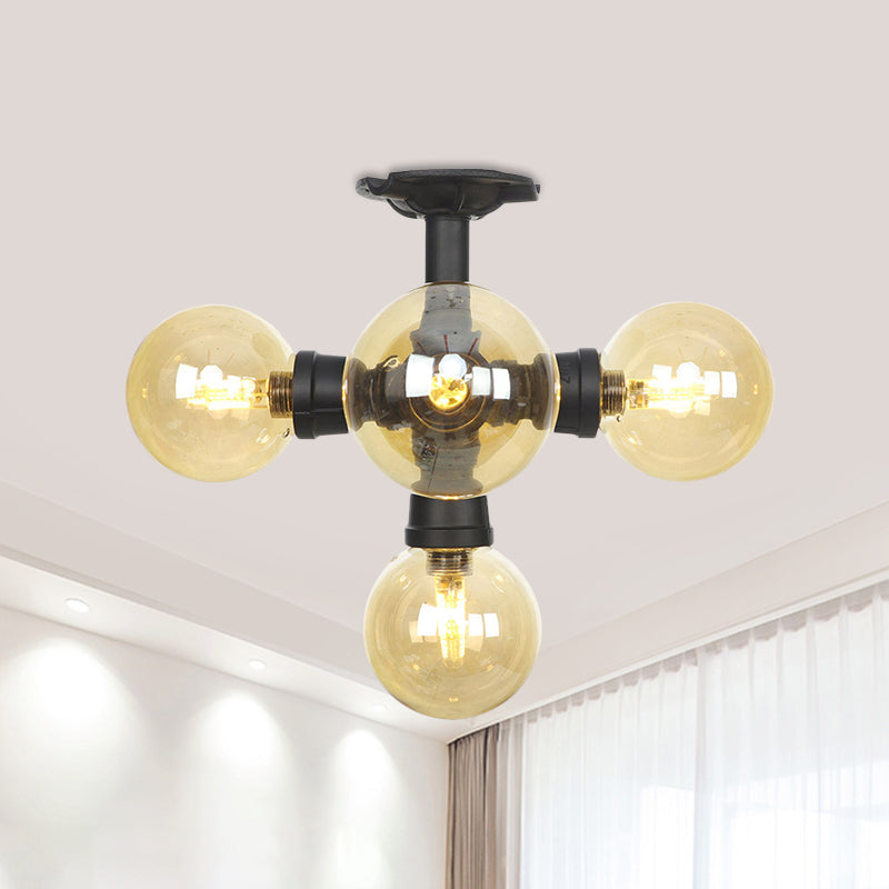 Black Ball Semi-Flush Ceiling Light Industrial Amber Glass 4/5/6-Light Foyer LED Flushmount Clearhalo 'Ceiling Lights' 'Close To Ceiling Lights' 'Close to ceiling' 'Glass shade' 'Glass' 'Semi-flushmount' Lighting' 756734