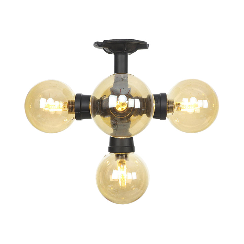 Black Ball Semi-Flush Ceiling Light Industrial Amber Glass 4/5/6-Light Foyer LED Flushmount Clearhalo 'Ceiling Lights' 'Close To Ceiling Lights' 'Close to ceiling' 'Glass shade' 'Glass' 'Semi-flushmount' Lighting' 756735