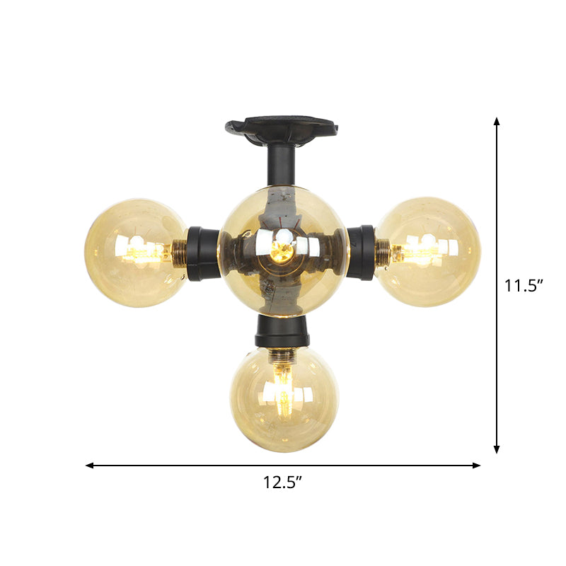 Black Ball Semi-Flush Ceiling Light Industrial Amber Glass 4/5/6-Light Foyer LED Flushmount Clearhalo 'Ceiling Lights' 'Close To Ceiling Lights' 'Close to ceiling' 'Glass shade' 'Glass' 'Semi-flushmount' Lighting' 756737