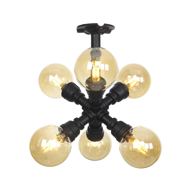 Black Ball Semi-Flush Ceiling Light Industrial Amber Glass 4/5/6-Light Foyer LED Flushmount Clearhalo 'Ceiling Lights' 'Close To Ceiling Lights' 'Close to ceiling' 'Glass shade' 'Glass' 'Semi-flushmount' Lighting' 756740
