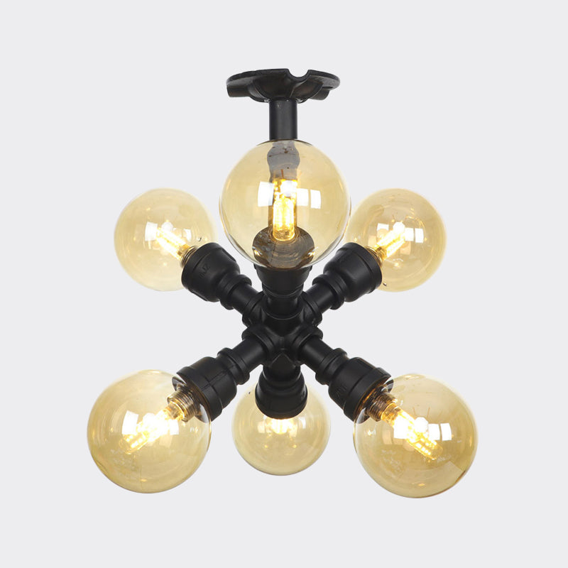 Black Ball Semi-Flush Ceiling Light Industrial Amber Glass 4/5/6-Light Foyer LED Flushmount Clearhalo 'Ceiling Lights' 'Close To Ceiling Lights' 'Close to ceiling' 'Glass shade' 'Glass' 'Semi-flushmount' Lighting' 756741