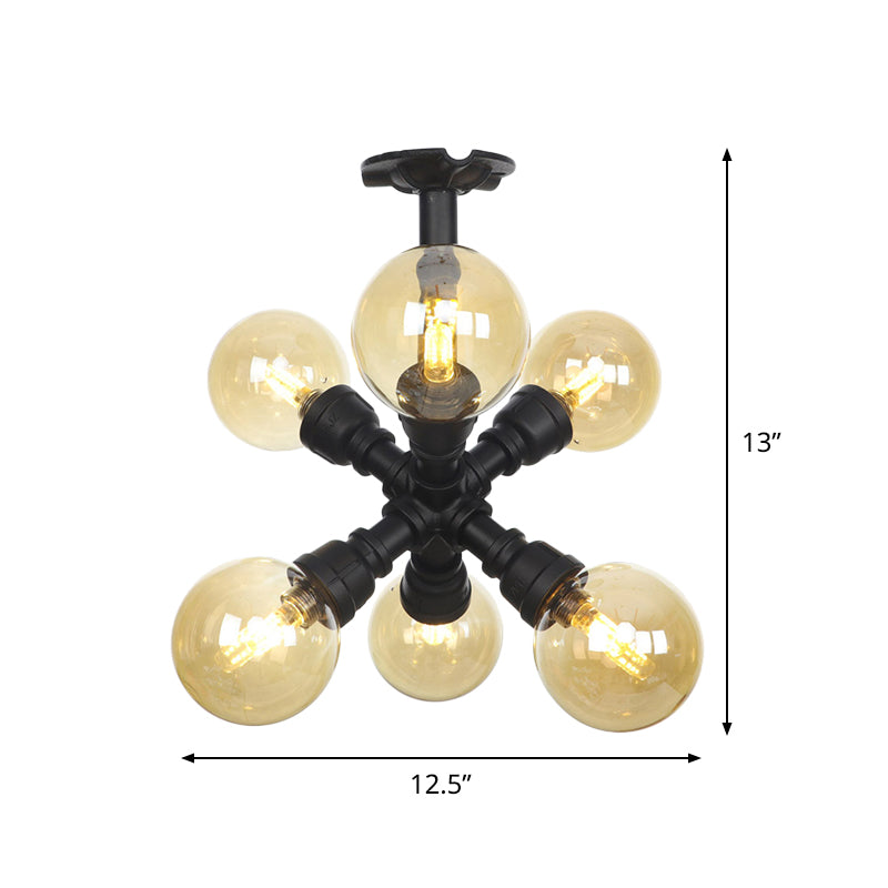 Black Ball Semi-Flush Ceiling Light Industrial Amber Glass 4/5/6-Light Foyer LED Flushmount Clearhalo 'Ceiling Lights' 'Close To Ceiling Lights' 'Close to ceiling' 'Glass shade' 'Glass' 'Semi-flushmount' Lighting' 756742
