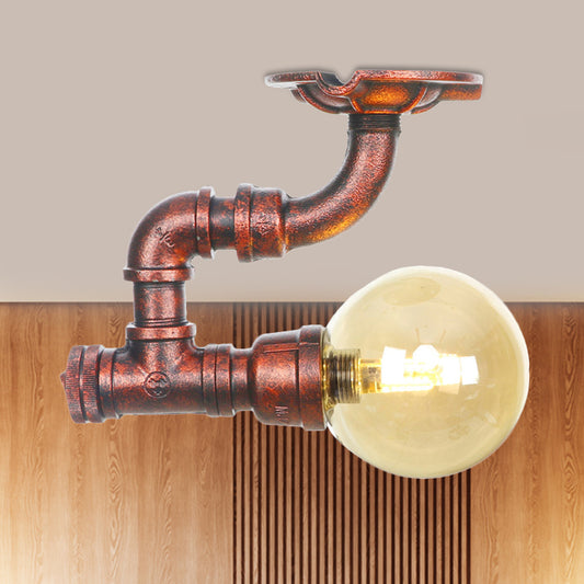 Antiqued Global Semi Flush Lighting 1 Bulb Amber Glass LED Close to Ceiling Lamp in Copper Copper B Clearhalo 'Ceiling Lights' 'Close To Ceiling Lights' 'Close to ceiling' 'Glass shade' 'Glass' 'Semi-flushmount' Lighting' 756747
