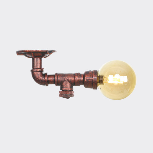 Antiqued Global Semi Flush Lighting 1 Bulb Amber Glass LED Close to Ceiling Lamp in Copper Clearhalo 'Ceiling Lights' 'Close To Ceiling Lights' 'Close to ceiling' 'Glass shade' 'Glass' 'Semi-flushmount' Lighting' 756755