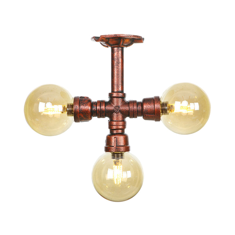 Amber Glass Copper Semi Flush Light Sphere 3/4-Bulb Farmhouse LED Ceiling Mounted Fixture Clearhalo 'Ceiling Lights' 'Close To Ceiling Lights' 'Close to ceiling' 'Glass shade' 'Glass' 'Semi-flushmount' Lighting' 756820