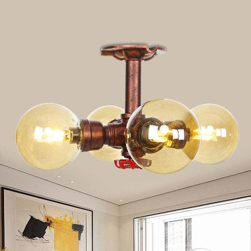 Amber Glass Copper Semi Flush Light Sphere 3/4-Bulb Farmhouse LED Ceiling Mounted Fixture Copper D Clearhalo 'Ceiling Lights' 'Close To Ceiling Lights' 'Close to ceiling' 'Glass shade' 'Glass' 'Semi-flushmount' Lighting' 756833
