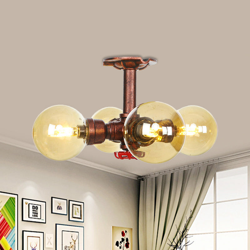Amber Glass Copper Semi Flush Light Sphere 3/4-Bulb Farmhouse LED Ceiling Mounted Fixture Clearhalo 'Ceiling Lights' 'Close To Ceiling Lights' 'Close to ceiling' 'Glass shade' 'Glass' 'Semi-flushmount' Lighting' 756834