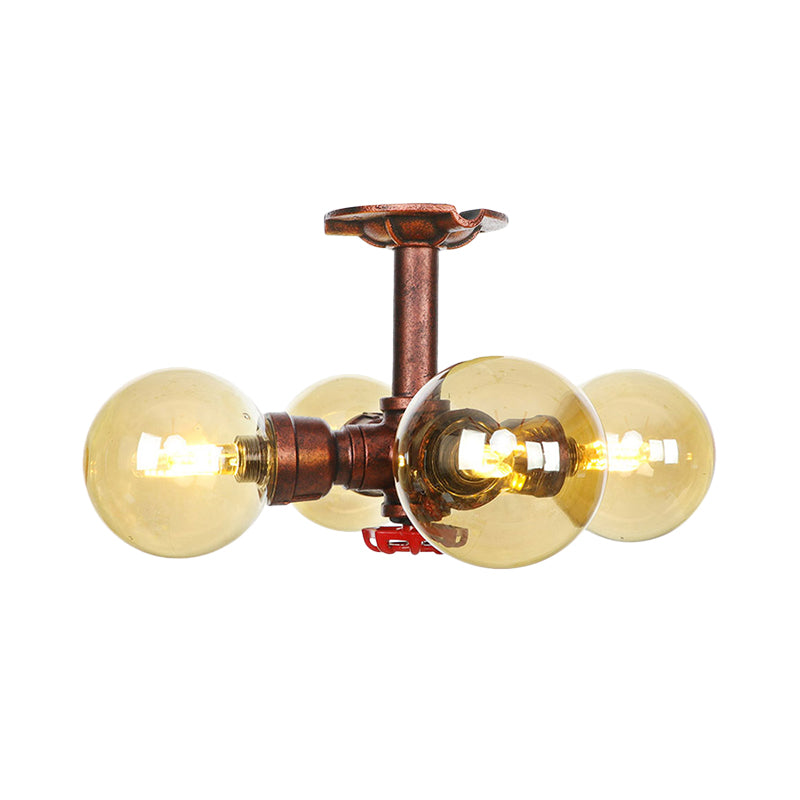 Amber Glass Copper Semi Flush Light Sphere 3/4-Bulb Farmhouse LED Ceiling Mounted Fixture Clearhalo 'Ceiling Lights' 'Close To Ceiling Lights' 'Close to ceiling' 'Glass shade' 'Glass' 'Semi-flushmount' Lighting' 756835