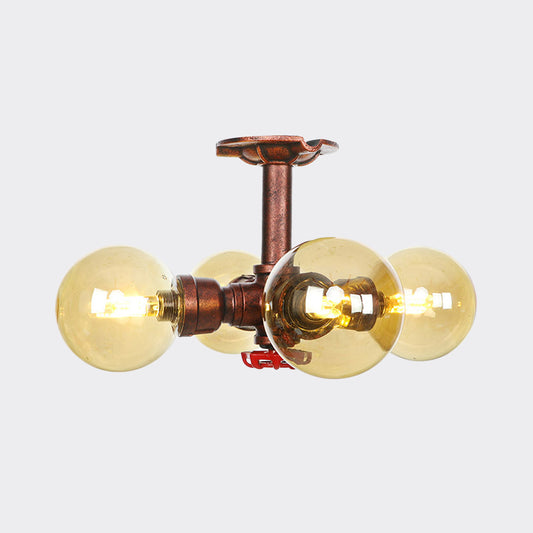 Amber Glass Copper Semi Flush Light Sphere 3/4-Bulb Farmhouse LED Ceiling Mounted Fixture Clearhalo 'Ceiling Lights' 'Close To Ceiling Lights' 'Close to ceiling' 'Glass shade' 'Glass' 'Semi-flushmount' Lighting' 756836