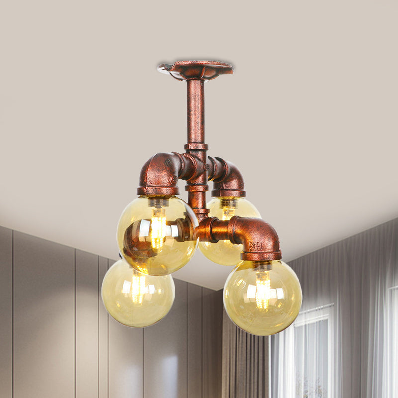 Farmhouse Global Semi Mount Lighting 4/5/6-Light Amber Glass LED Flush Lamp Fixture in Copper Copper A Clearhalo 'Ceiling Lights' 'Close To Ceiling Lights' 'Close to ceiling' 'Glass shade' 'Glass' 'Pendant Lights' 'Semi-flushmount' Lighting' 756838